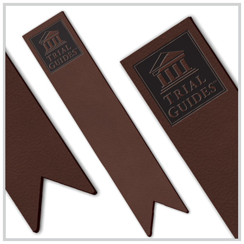 brown leather bookmark with ribbon bottom dark brown imprint